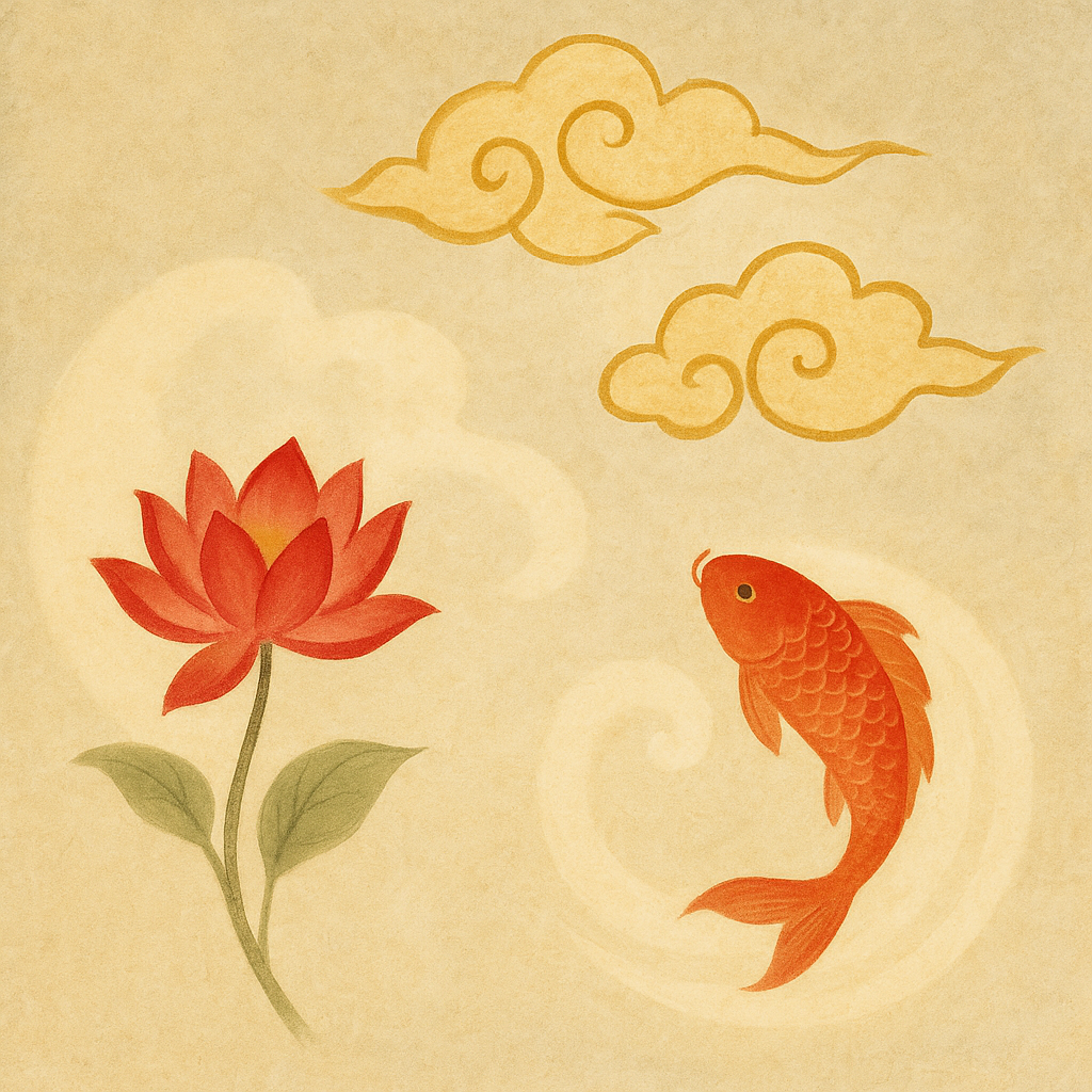 Seven Chinese symbols and meanings in jewelry, including gourd, carp, clouds, ruyi, Fu, Xi, and crane