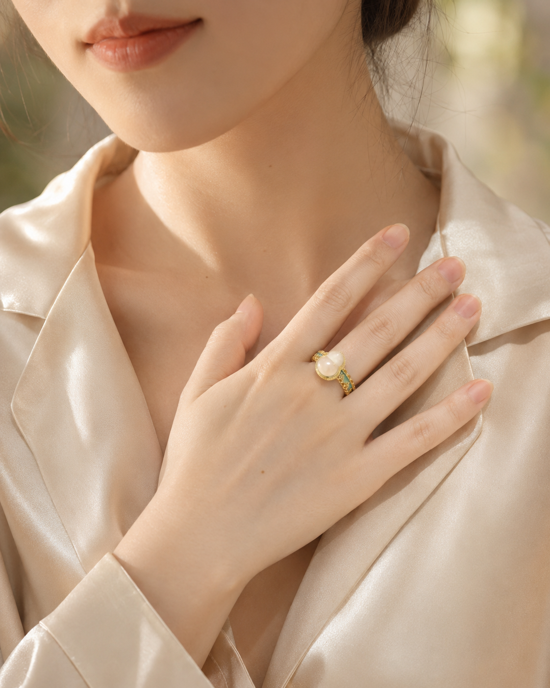 Chalcedony gourd enamel ring worn on a hand as a meaningful gourd jewelry gift