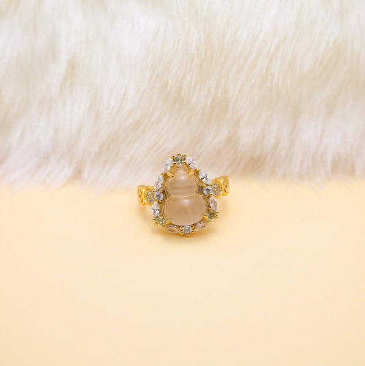 Chalcedony gourd ring with repeating Chinese coin-inspired motifs in gold-plated sterling silver