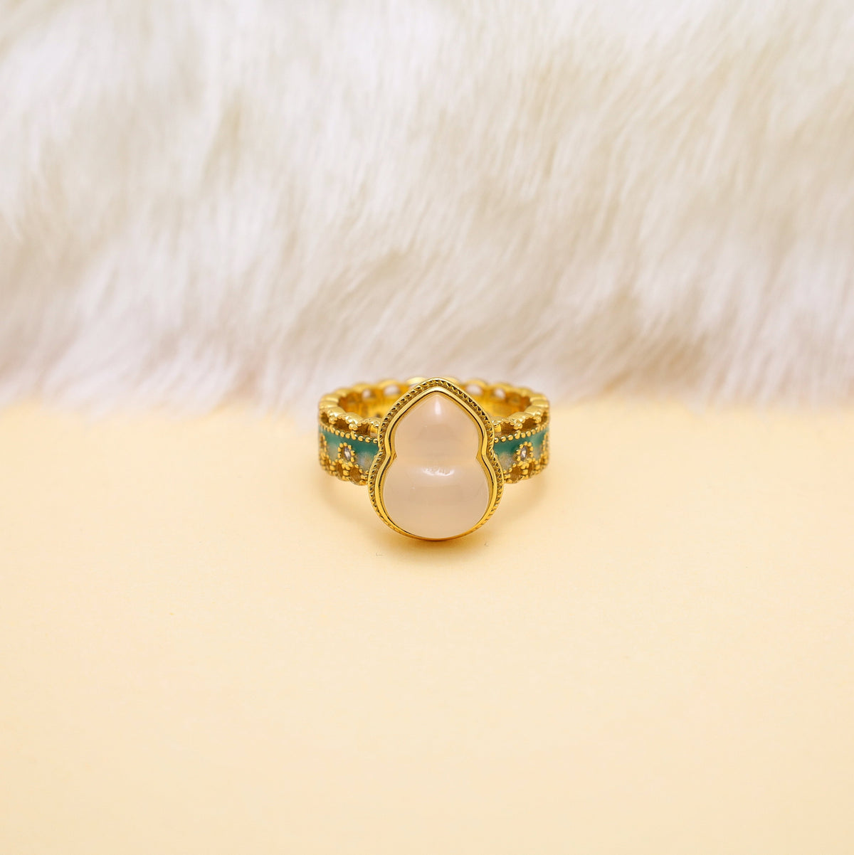 Gold-plated sterling silver chalcedony gourd ring with green enamel and cubic zirconia details