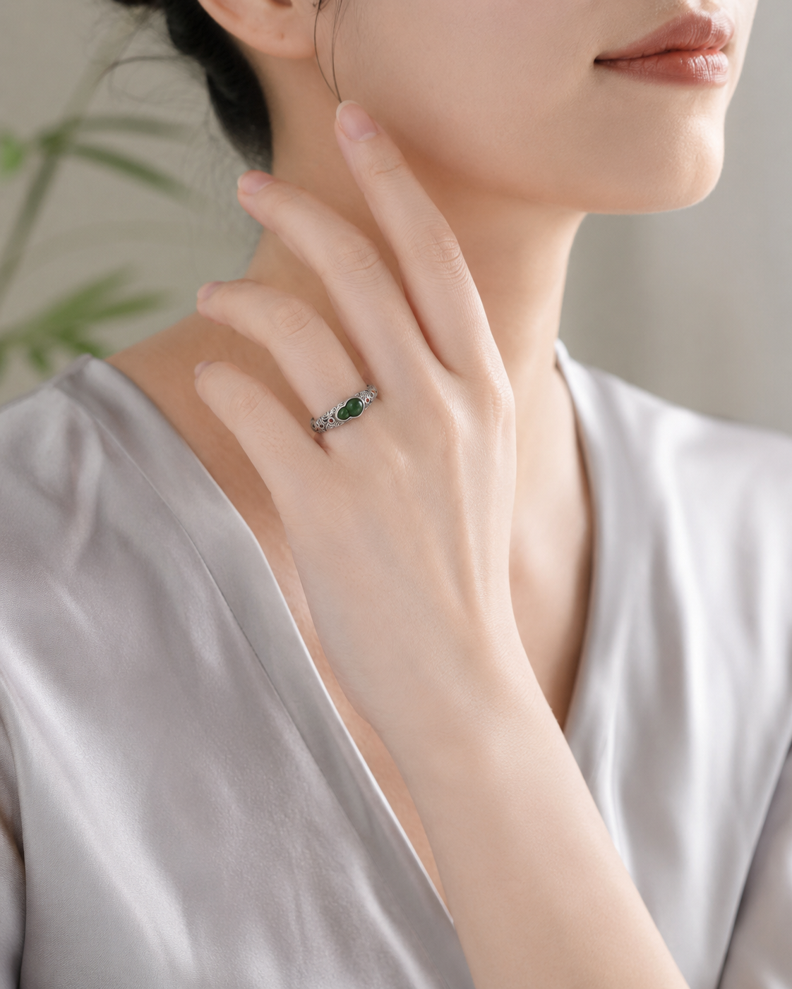 925 Silver Green Jasper Gourd Auspicious Cloud Ring
