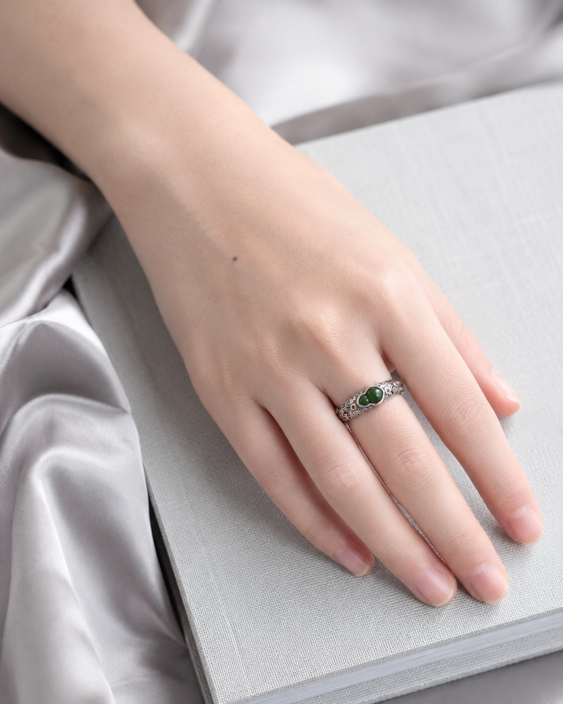 925 Silver Green Jasper Gourd Auspicious Cloud Ring