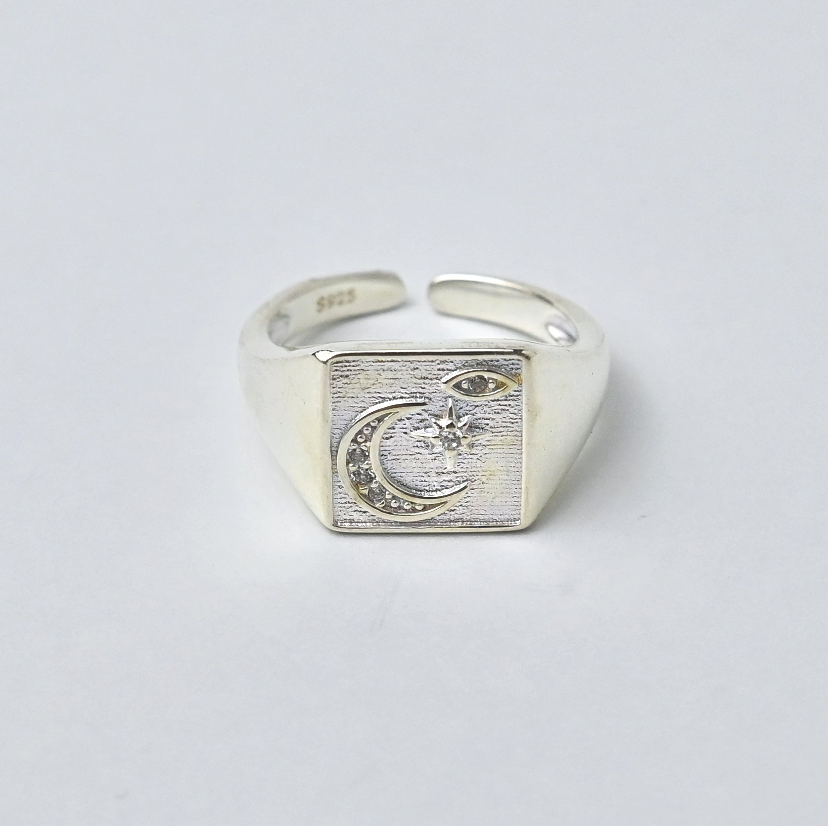 925 Silver Square Moon And Star Open Ring