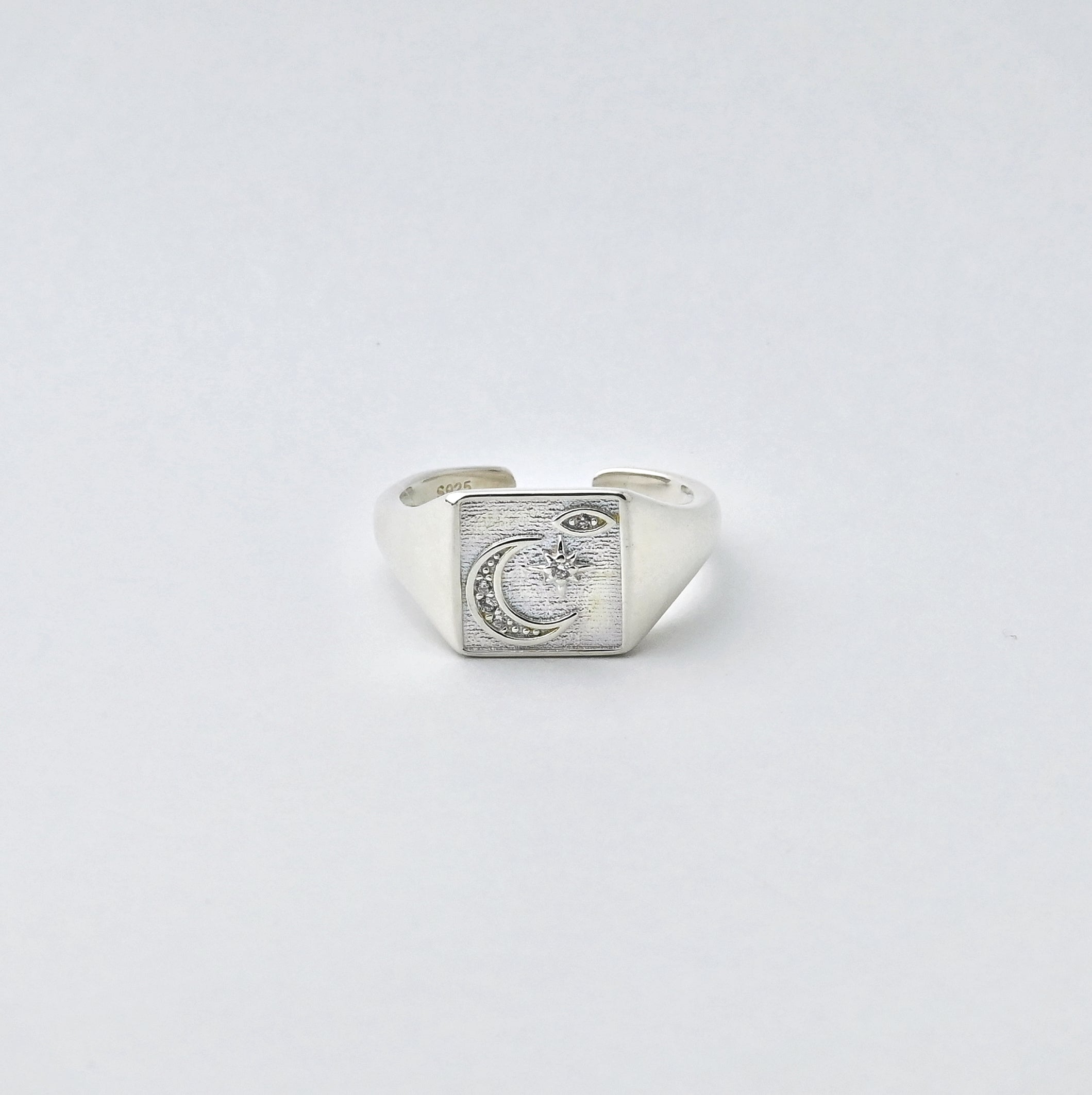 925 Silver Square Moon And Star Open Ring