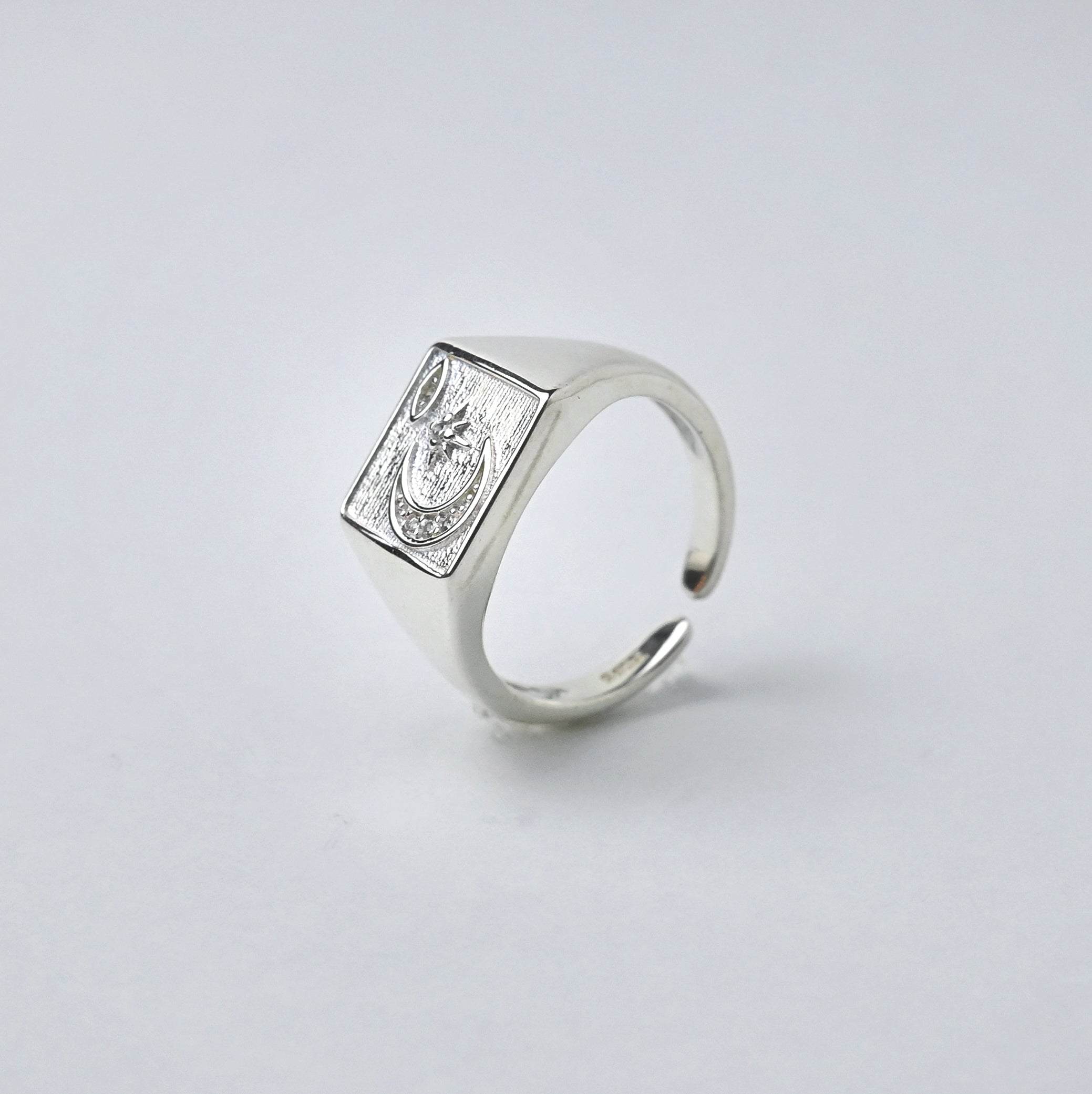 925 Silver Square Moon And Star Open Ring