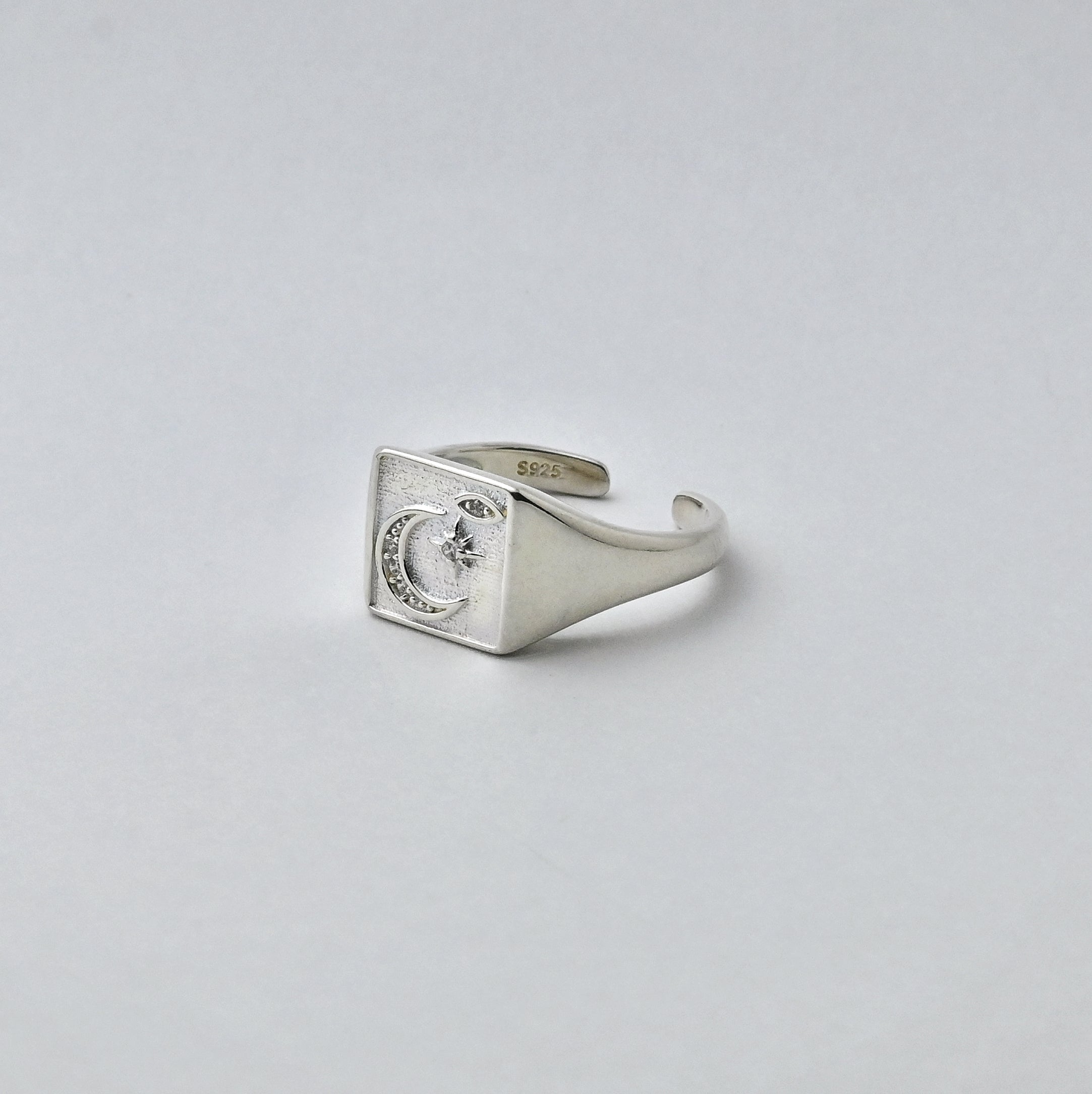 925 Silver Square Moon And Star Open Ring